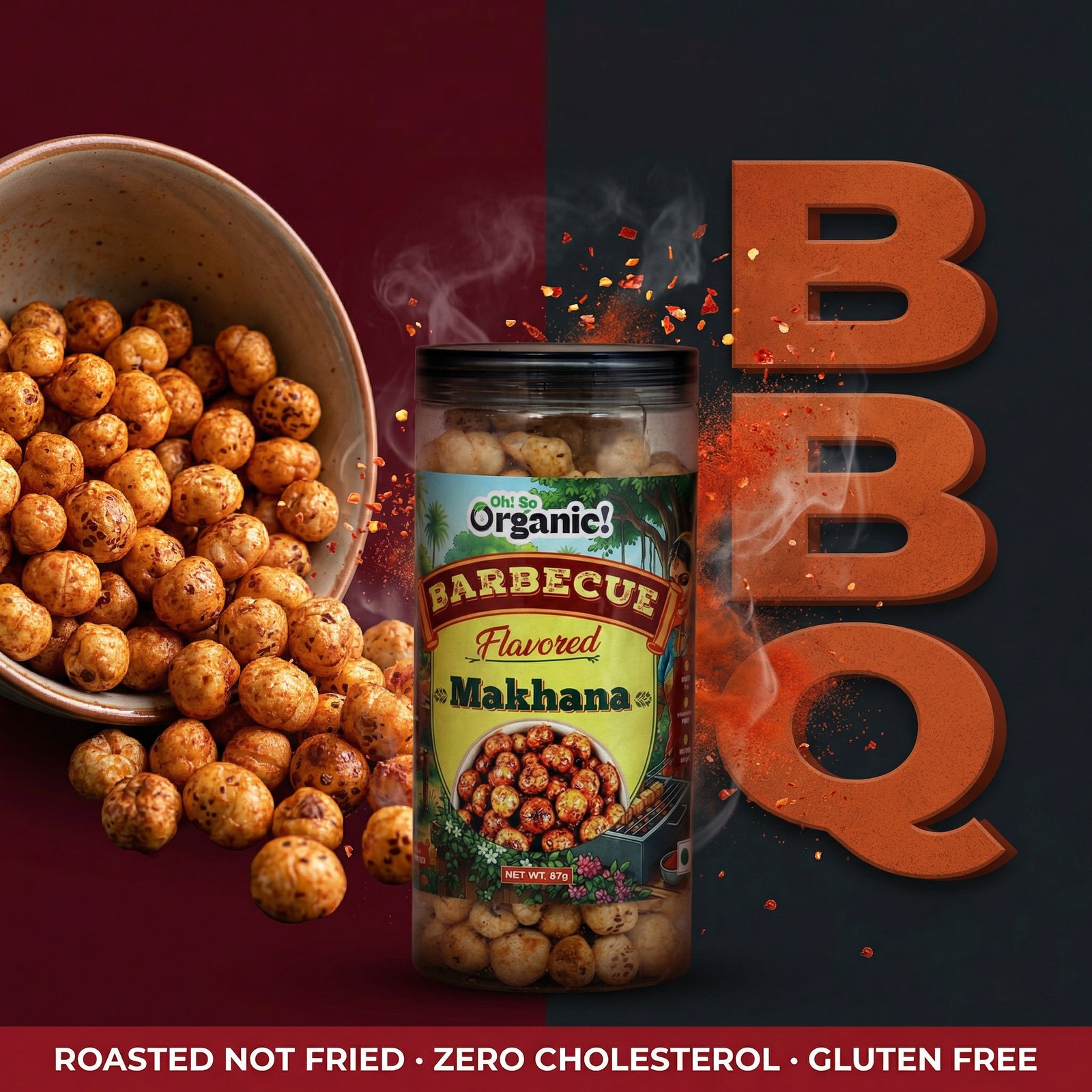 OhSo Organic Roasted Makhana Combo Pack – Barbecue, Cheese & Onion & Peri Peri Masala | Crunchy Fox Nuts Snack | Healthy & Flavorful | 87g Each (Pack of 3)