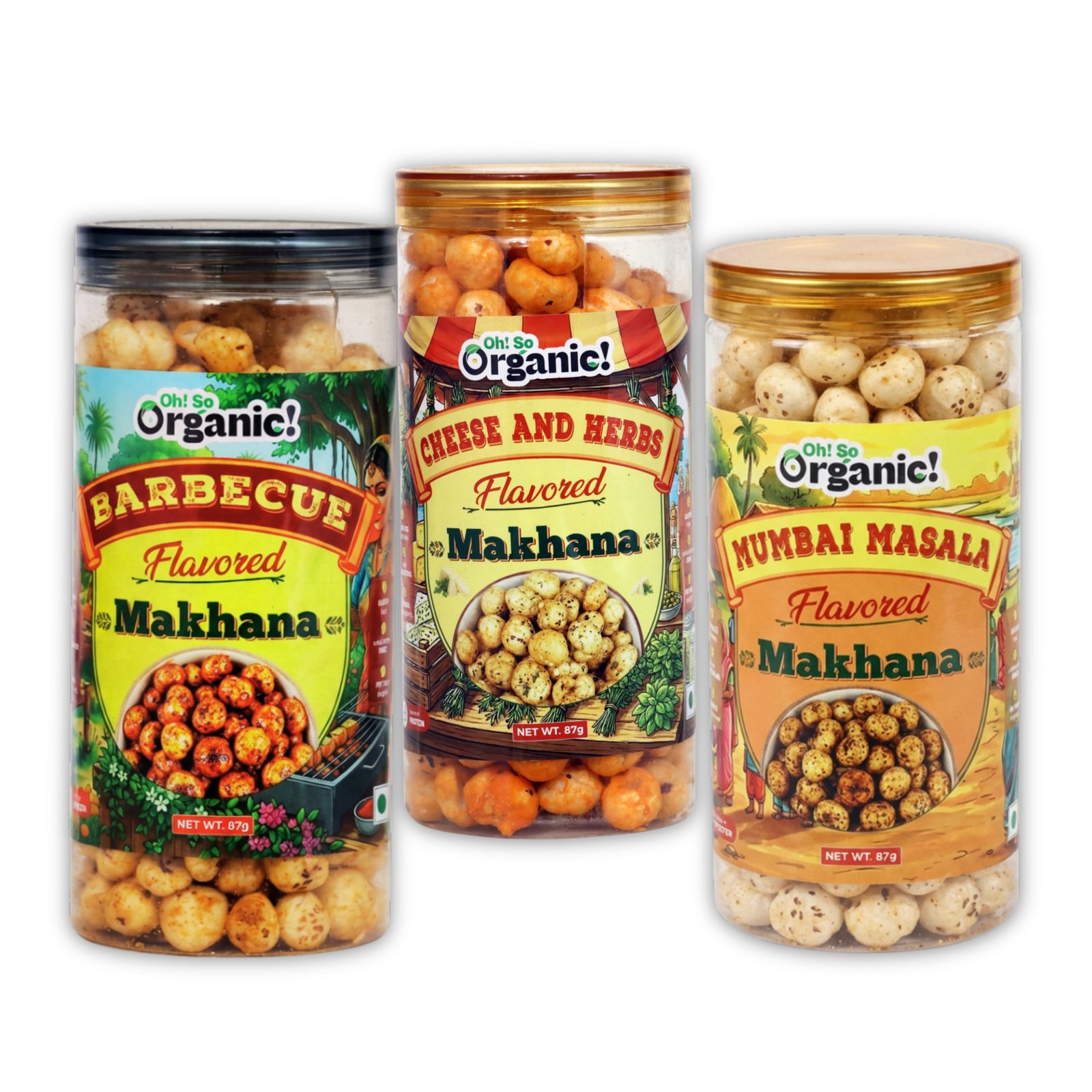 OhSo Organic Roasted Makhana Combo Pack – Barbecue, Cheese & Herbs & Mumbai Masala | Healthy Fox Nuts Snack | 87g Each (Pack of 3)