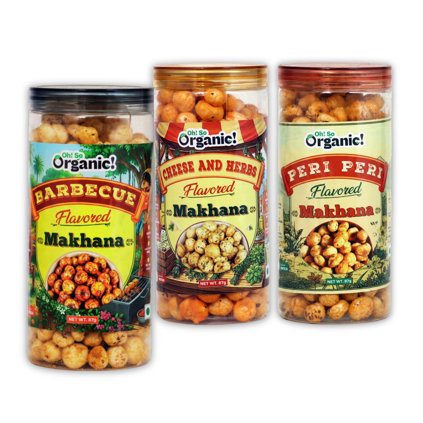 OhSo Organic Roasted Makhana Combo Pack – Barbecue, Cheese & Herbs & Peri Peri | Healthy Fox Nuts Snack | Crunchy & Flavorful | 87g Each (Pack of 3)