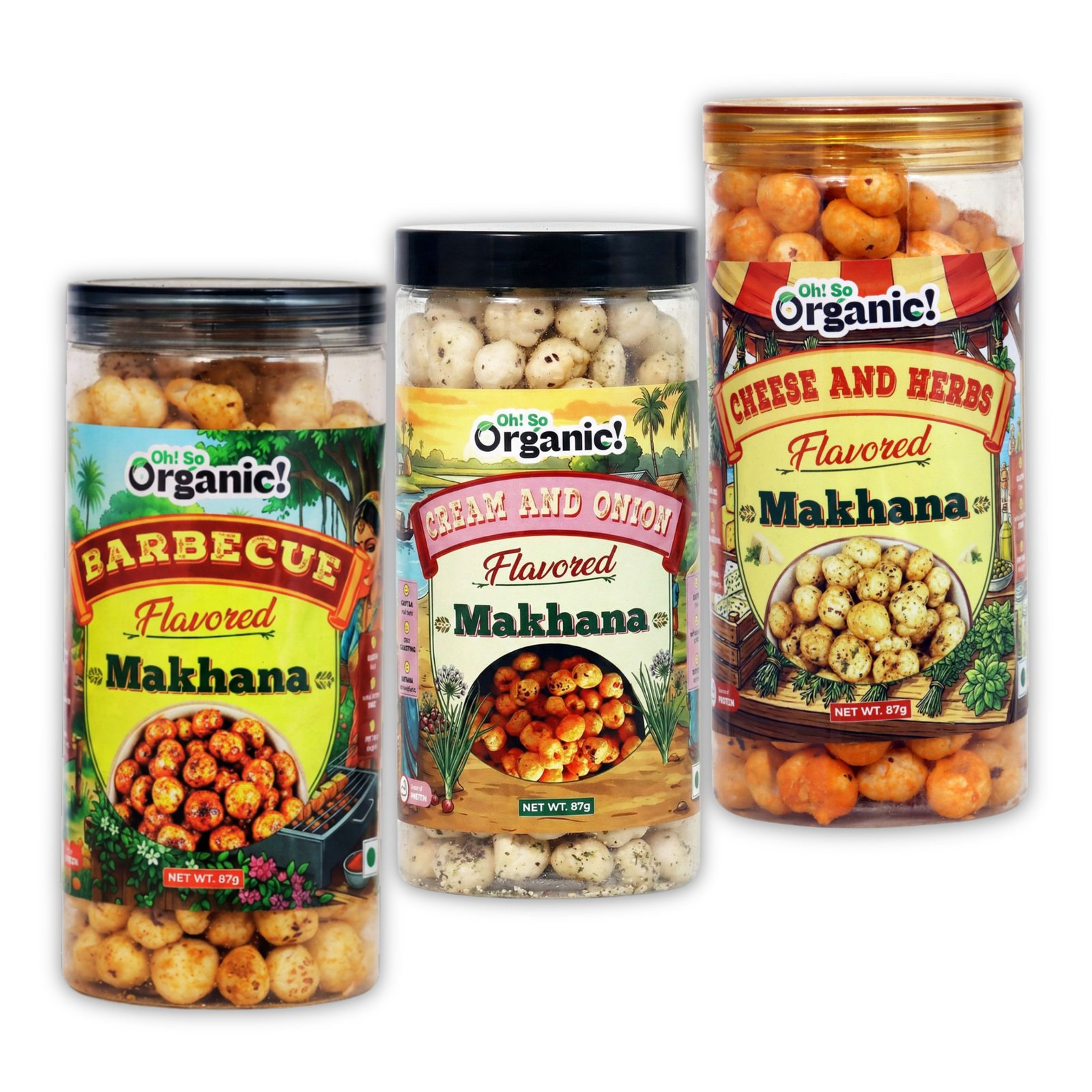 OhSo Organic Roasted Makhana Combo Pack – Barbecue, Cheese & Herbs & Cheese & Onion | Crunchy Fox Nuts Snack | Healthy & Flavorful | 87g Each (Pack of 3)
