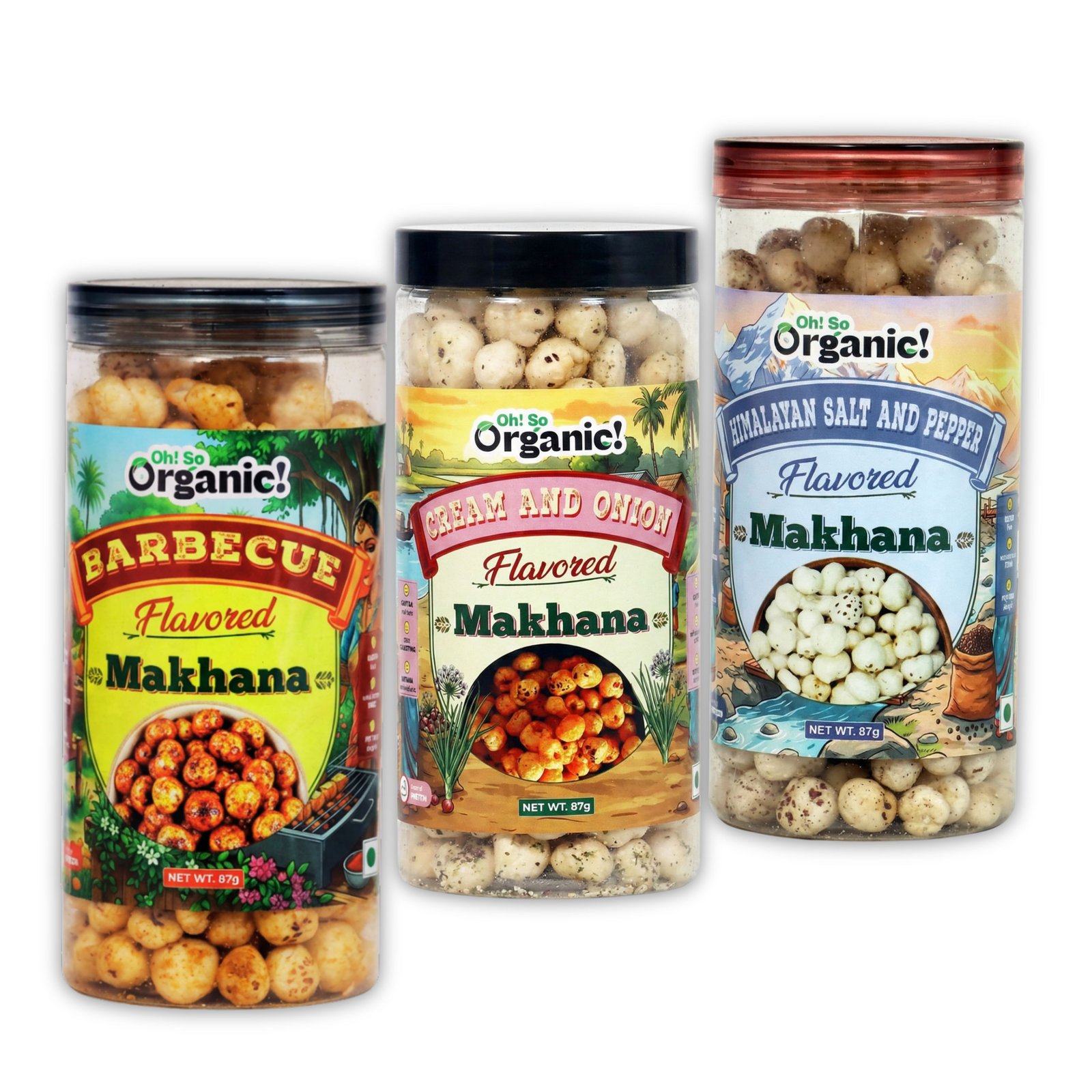 OhSo Organic Roasted Makhana Combo Pack – Barbecue, Cheese & Onion & Himalayan Salt & Pepper | Crunchy Fox Nuts Snack | Healthy & Flavorful | 87g Each (Pack of 3)