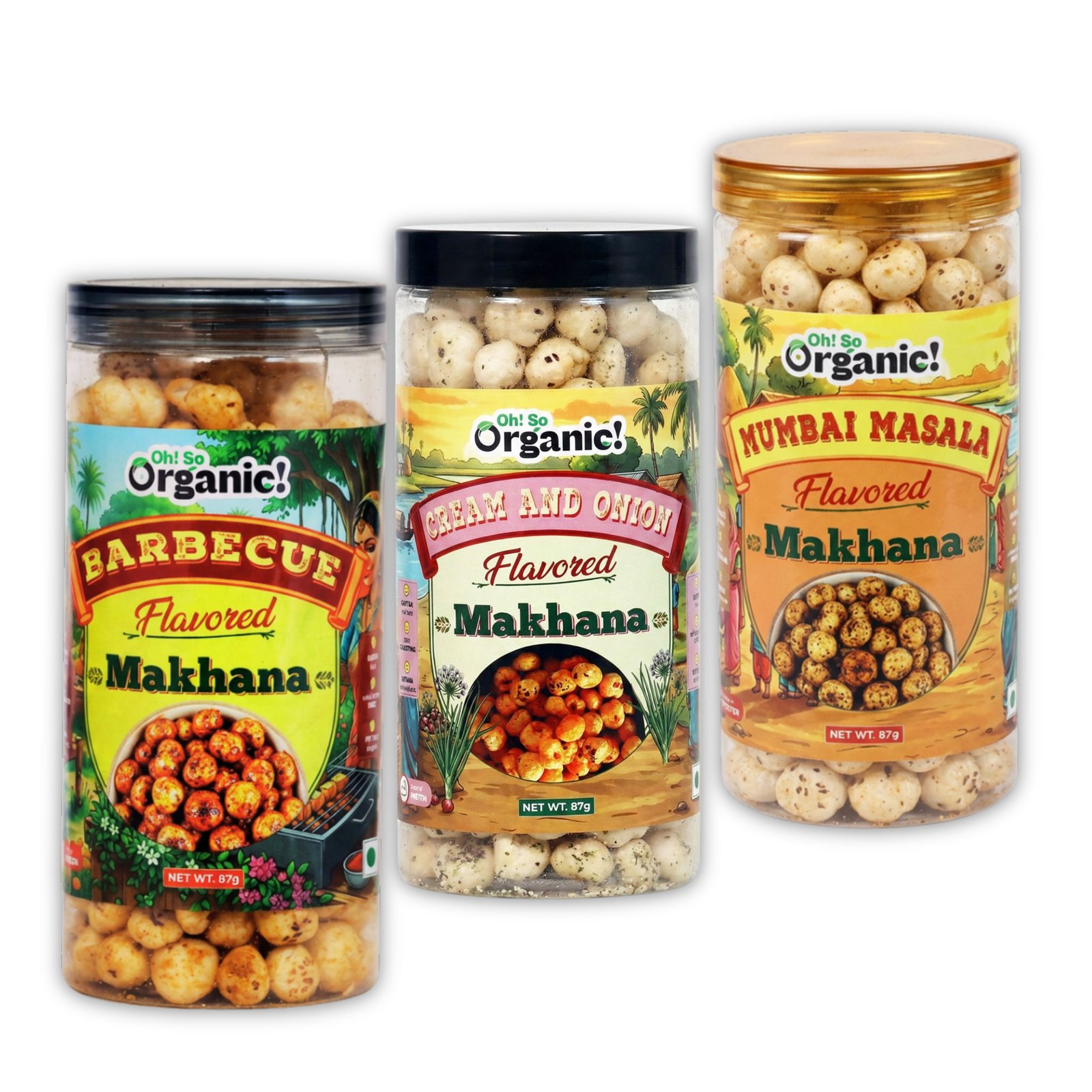 OhSo Organic Roasted Makhana Combo Pack – Barbecue, Cheese & Onion & Mumbai Masala | Crunchy Fox Nuts Snack | Healthy & Flavorful | 87g Each (Pack of 3)