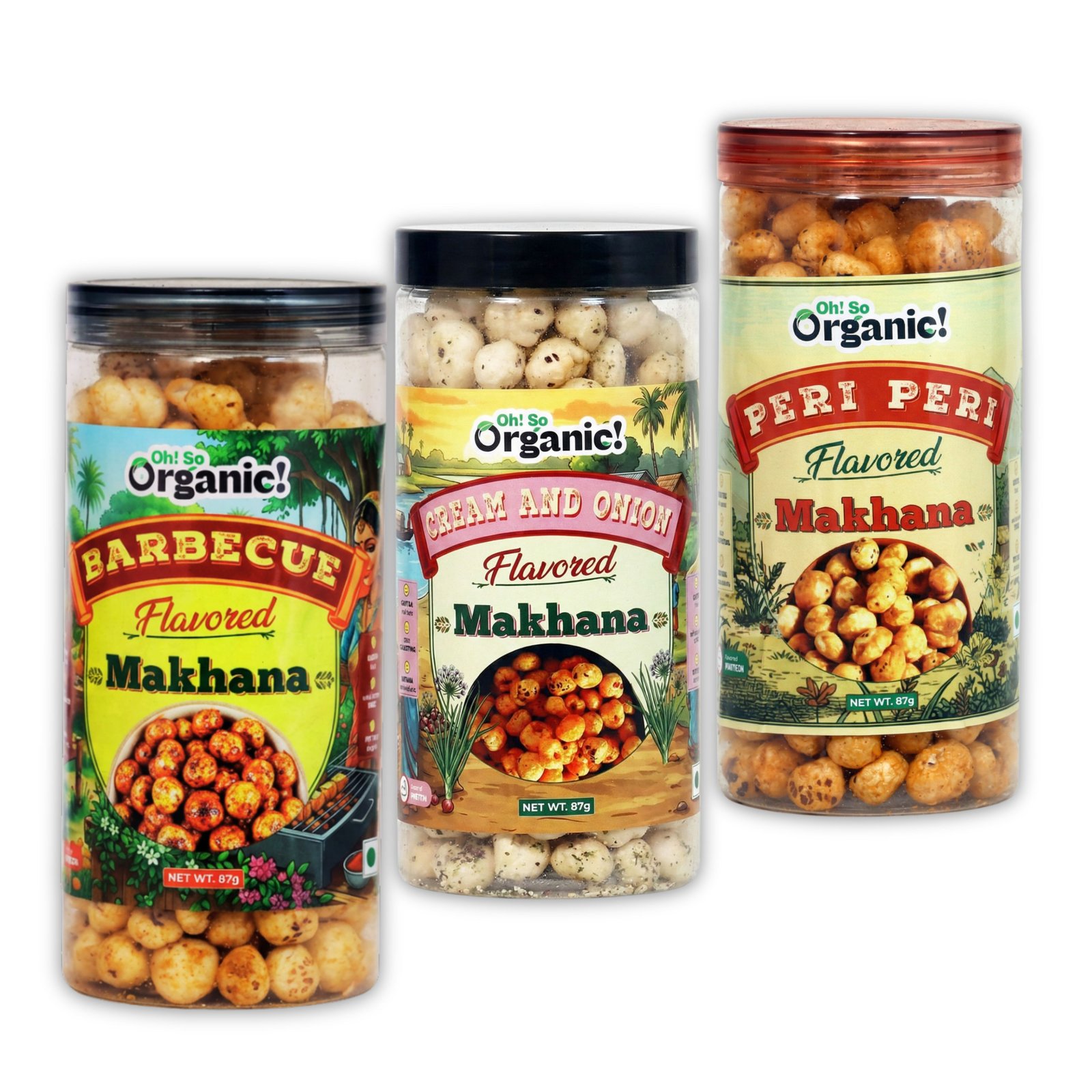 OhSo Organic Roasted Makhana Combo Pack – Barbecue, Cheese & Onion & Peri Peri Masala | Crunchy Fox Nuts Snack | Healthy & Flavorful | 87g Each (Pack of 3)