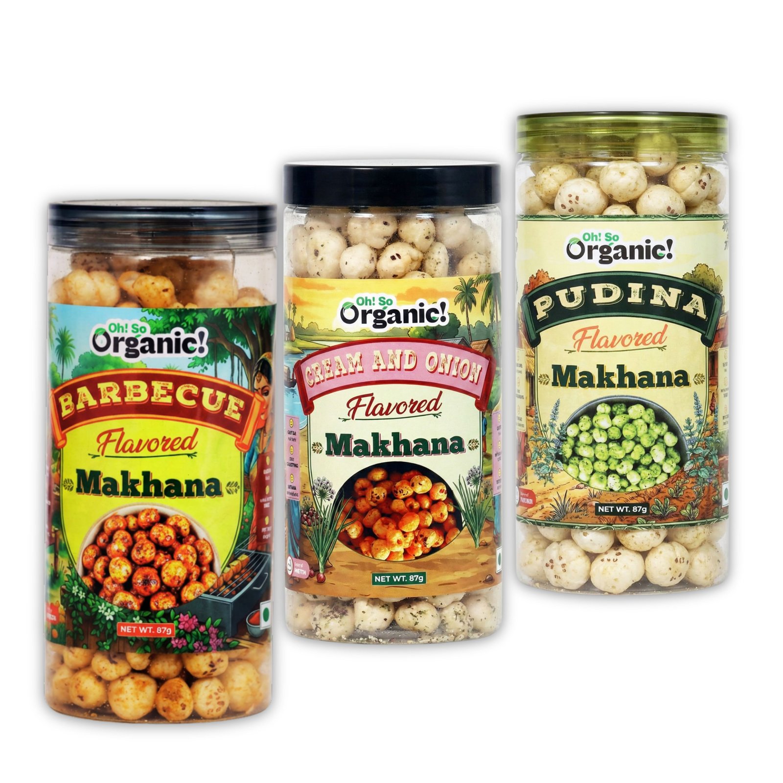 OhSo Organic Roasted Makhana Combo Pack – Barbecue, Cheese & Onion & Pudina | Crunchy Fox Nuts Snack | Healthy & Flavorful | 87g Each (Pack of 3)