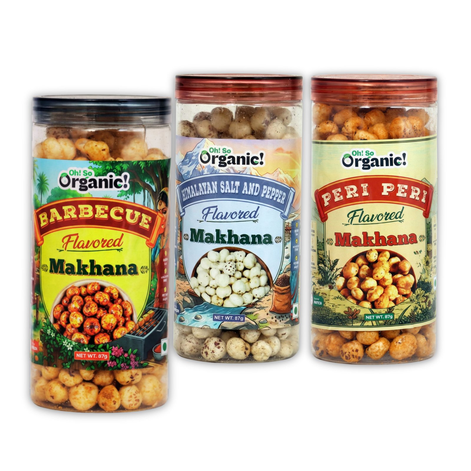 OhSo Organic Roasted Makhana Combo Pack – Barbecue, Himalayan Salt & Pepper & Peri Peri | Crunchy Fox Nuts Snack | Healthy & Flavorful | 87g Each (Pack of 3)