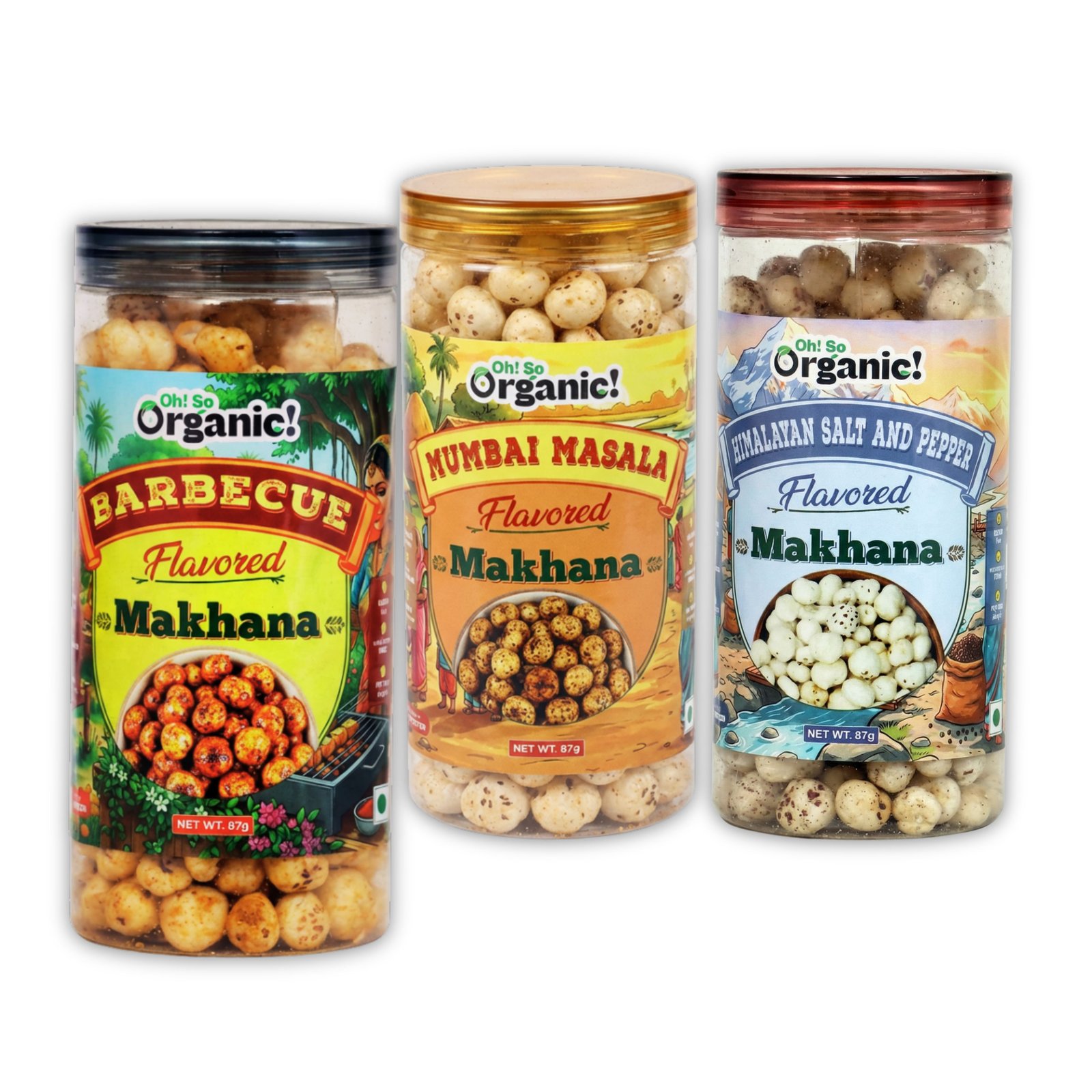 OhSo Organic Roasted Makhana Combo Pack – Barbecue, Himalayan Salt & Pepper & Mumbai Masala | Crunchy Fox Nuts Snack | Healthy & Flavorful | 87g Each (Pack of 3)