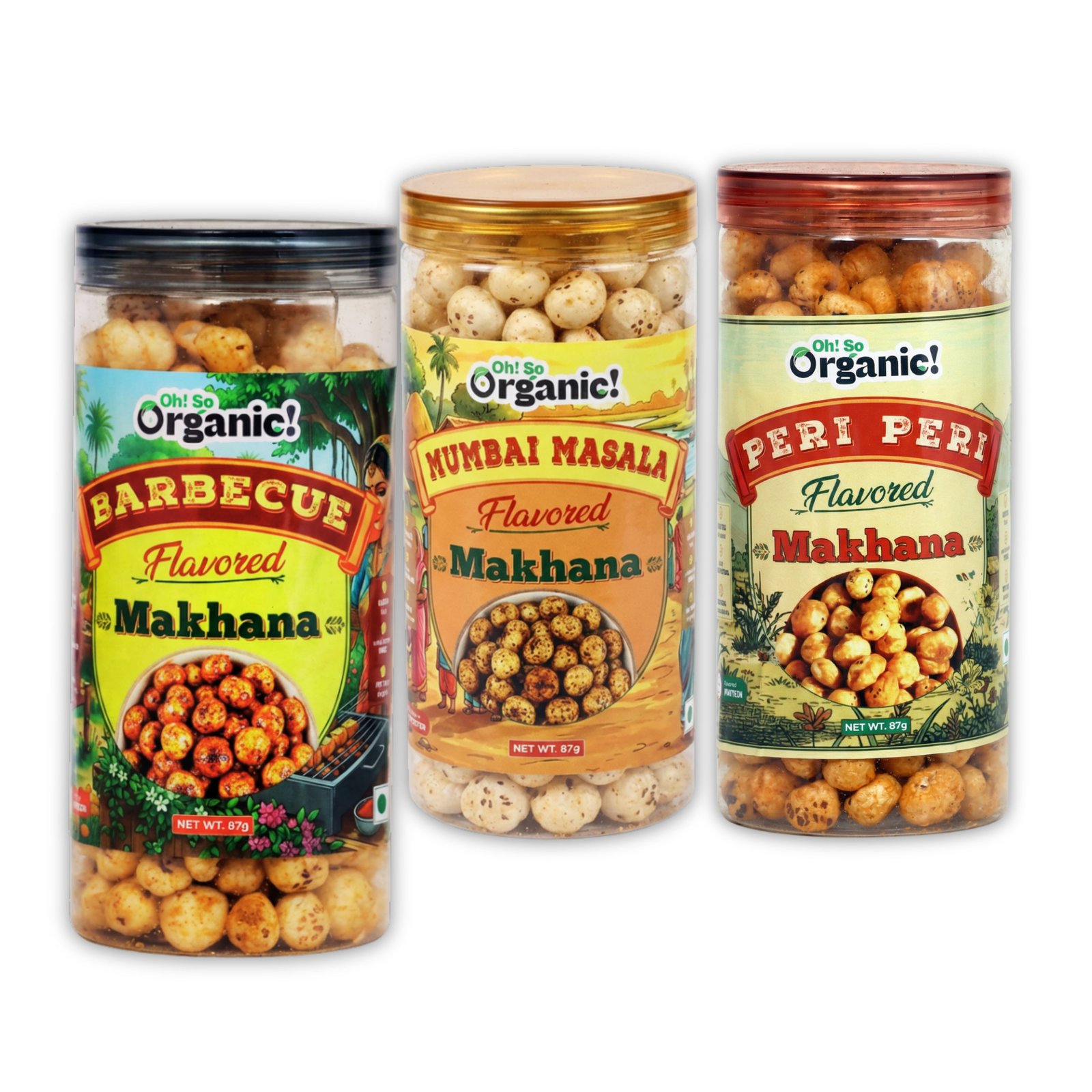 OhSo Organic Roasted Makhana Combo Pack – Barbecue, Mumbai Masala & Peri Peri | Crunchy Fox Nuts Snack | Healthy & Flavorful | 87g Each (Pack of 3)