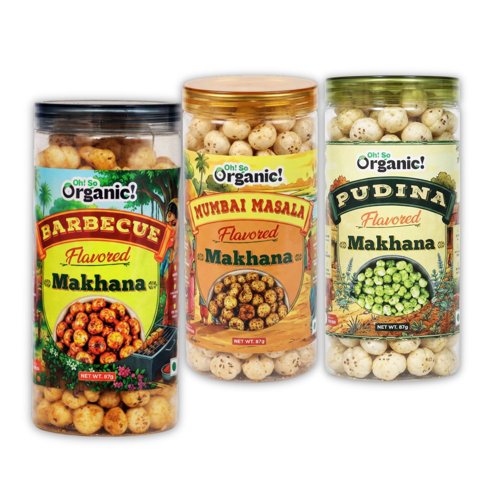 OhSo Organic Roasted Makhana Combo Pack – Barbecue, Mumbai Masala & Pudina | Crunchy Fox Nuts Snack | Healthy & Flavorful | 87g Each (Pack of 3)