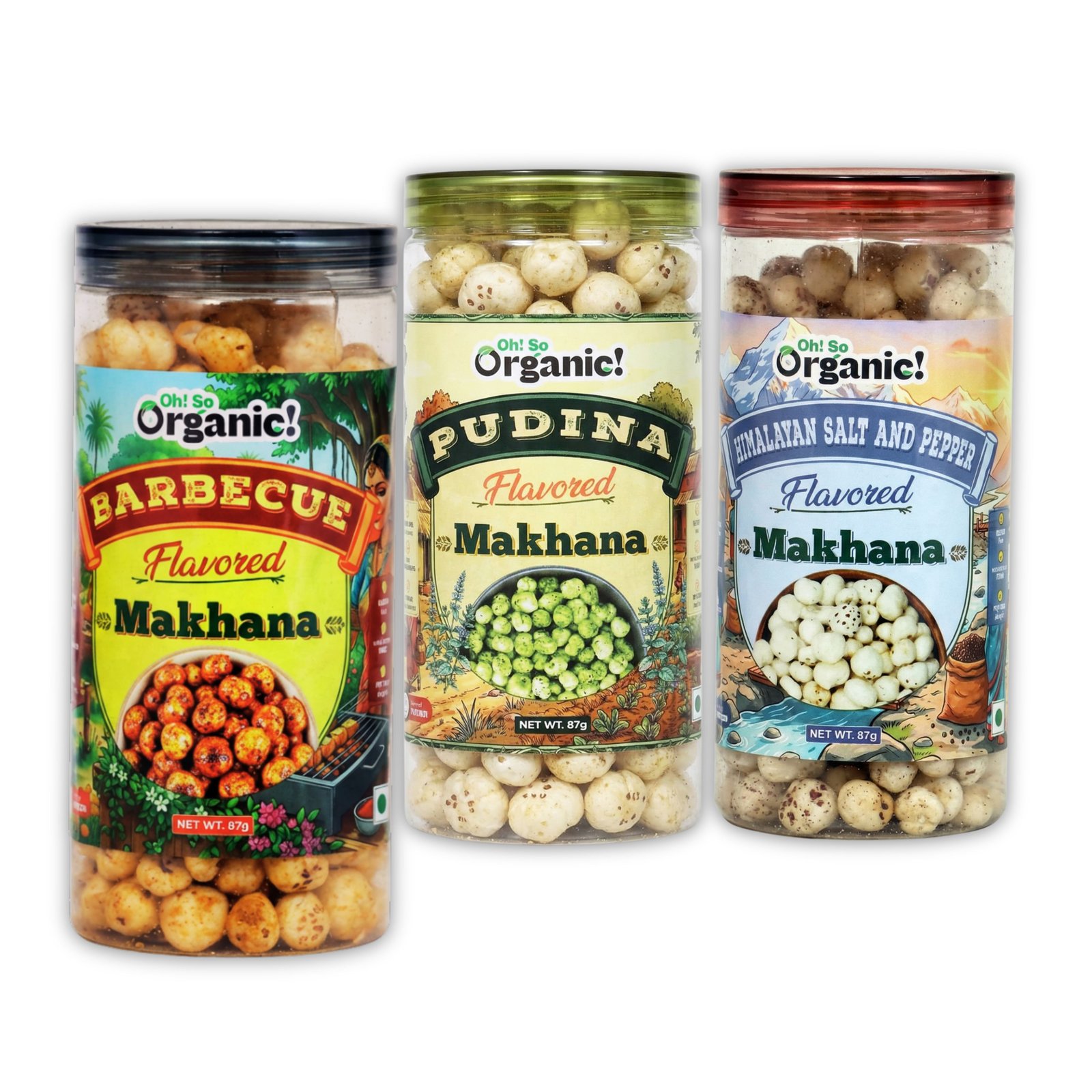 OhSo Organic Roasted Makhana Combo Pack – Barbecue, Pudina & Himalayan Salt | Crunchy Fox Nuts Snack | Light & Flavorful | 87g Each (Pack of 3)