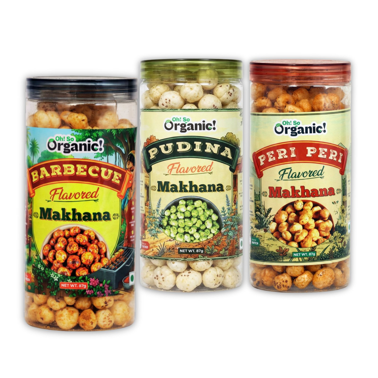 OhSo Organic Roasted Makhana Combo Pack – Barbecue, Pudina & Peri Peri | Crunchy Fox Nuts Snack | Healthy & Flavorful | 87g Each (Pack of 3)