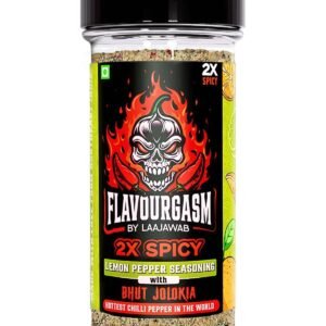 Flavourgasm Chilli Lime Seasoning With Bhut Jolokia 2X Spicy Lemon Pepper Masala For Fruits, Chaats, Salads, Chicken, Tacos, Grill, Snacks, Lemonade Bold Tangy Heat No Msg Or Additives; 85G
