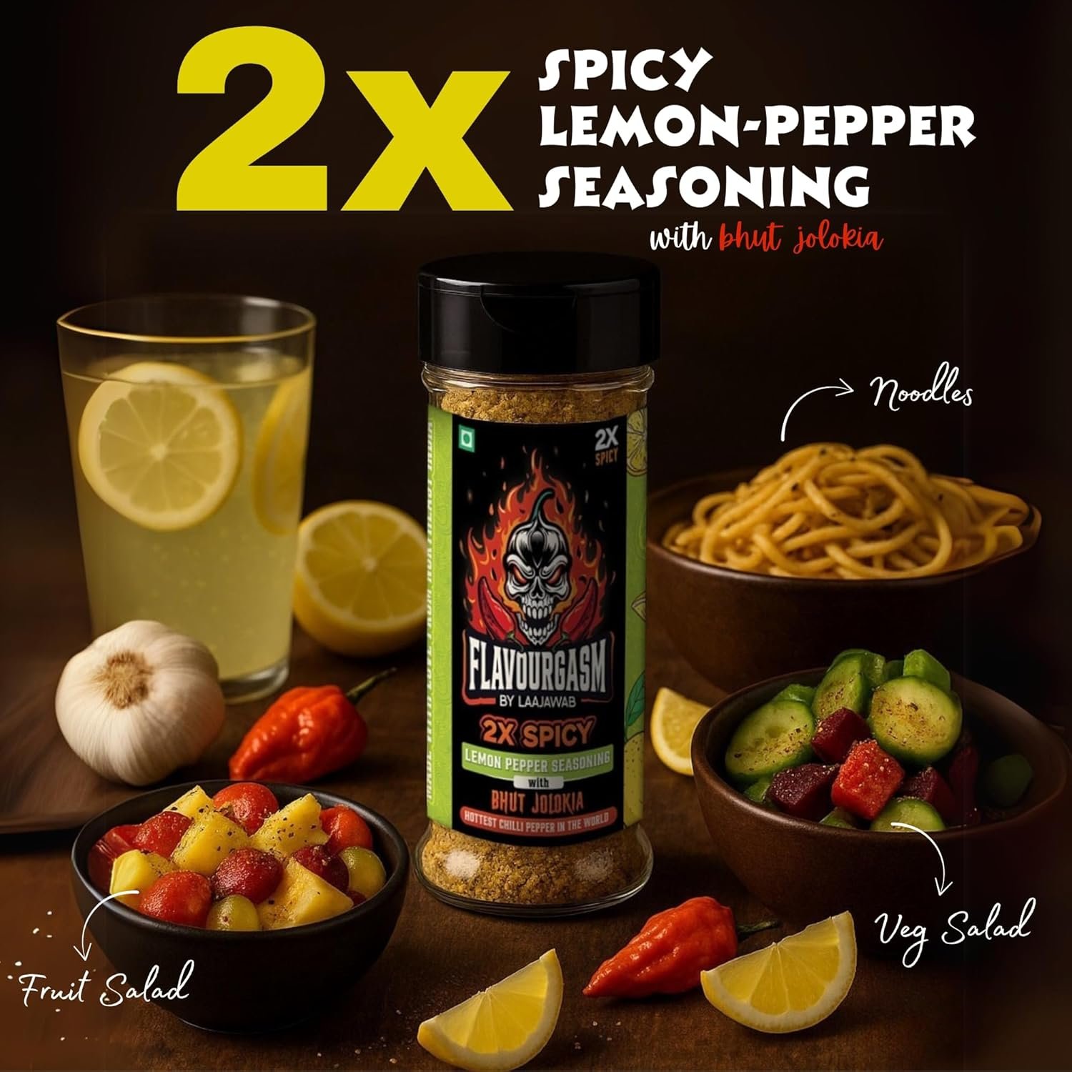 Flavourgasm Chilli Lime Seasoning With Bhut Jolokia 2X Spicy Lemon Pepper Masala For Fruits, Chaats, Salads, Chicken, Tacos, Grill, Snacks, Lemonade Bold Tangy Heat No Msg Or Additives; 85G