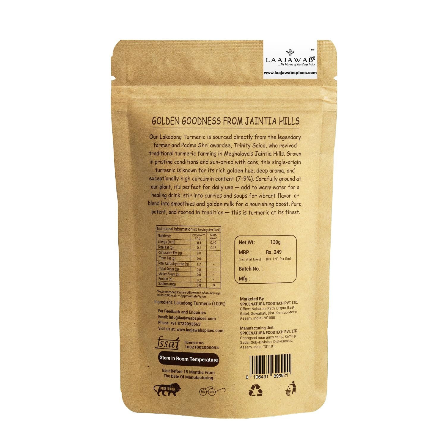 Lakadong Turmeric Powder Single-Origin From Legendary Farmer Trinity Saioo Of Meghalaya High Curcumin Immunity Boost Pure, Natural, Unblended Haldi For Health, Cooking & Skin 130G