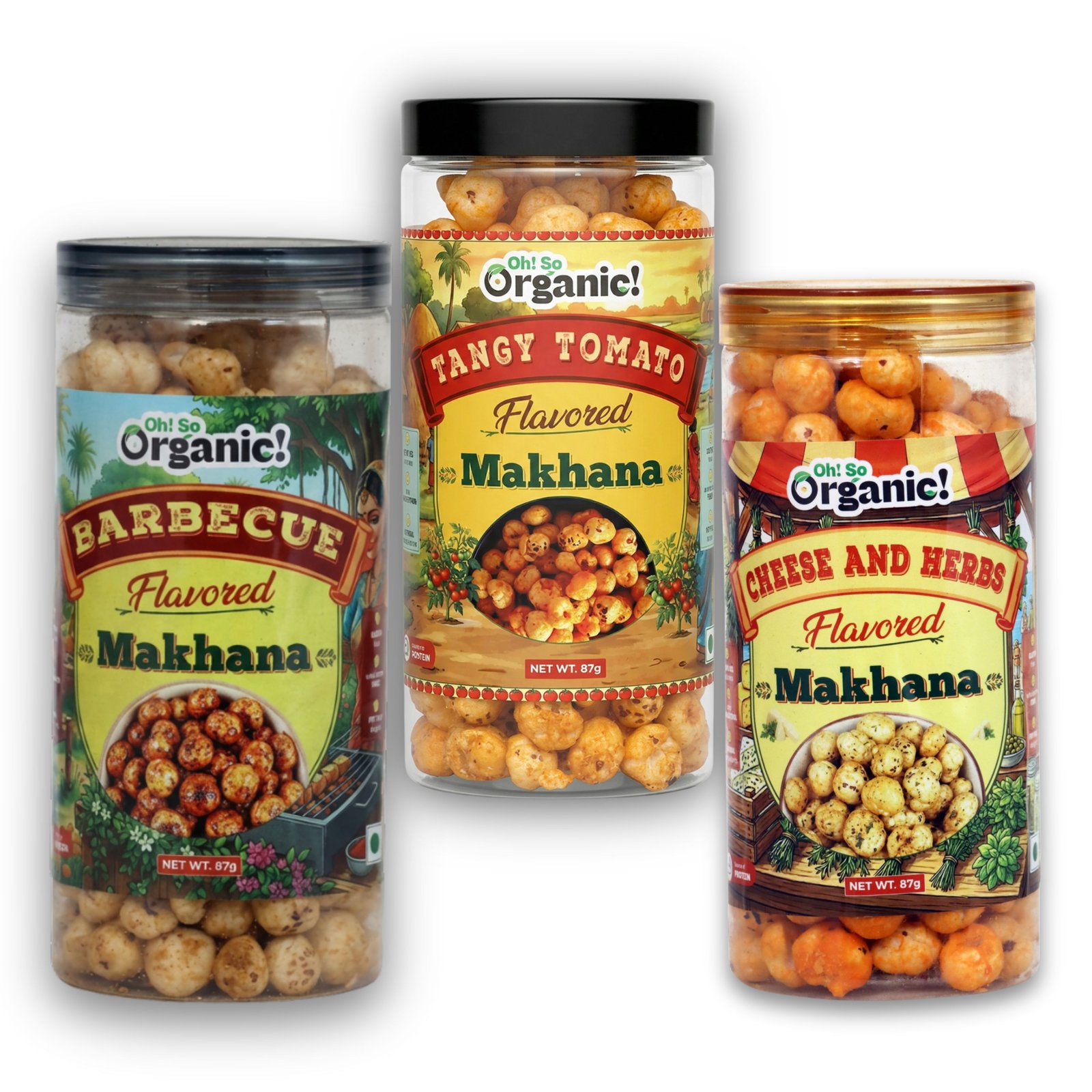 OhSo Organic Roasted Makhana Combo Pack – Barbecue, Tangy Tomato & Cheese & Herbs | Crunchy Fox Nuts Snack | Healthy & Flavorful | 87g Each (Pack of 3)