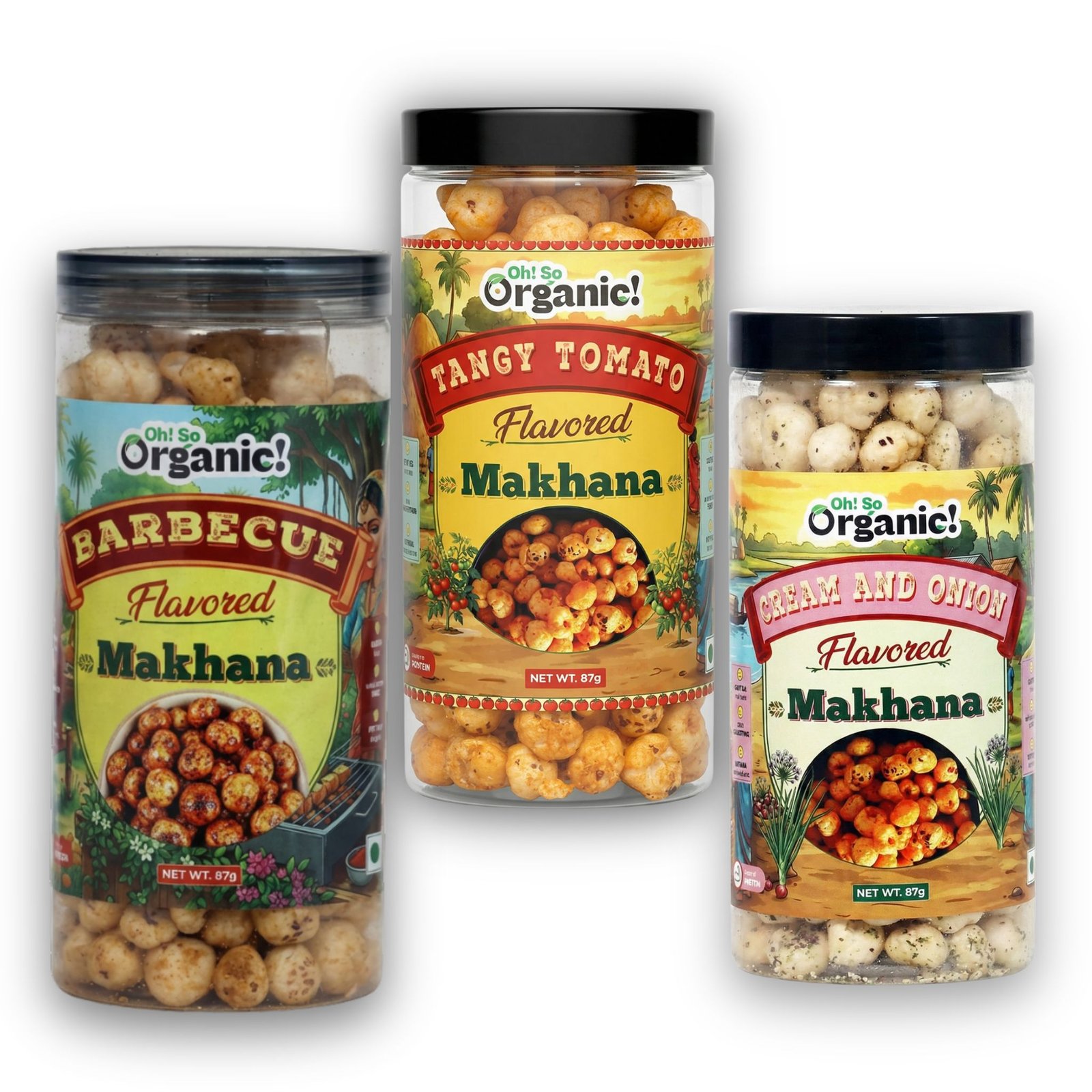 OhSo Organic Roasted Makhana Combo Pack – Barbecue, Tangy Tomato & Cheese & Onion | Crunchy Fox Nuts Snack | Healthy & Flavorful | 87g Each (Pack of 3)