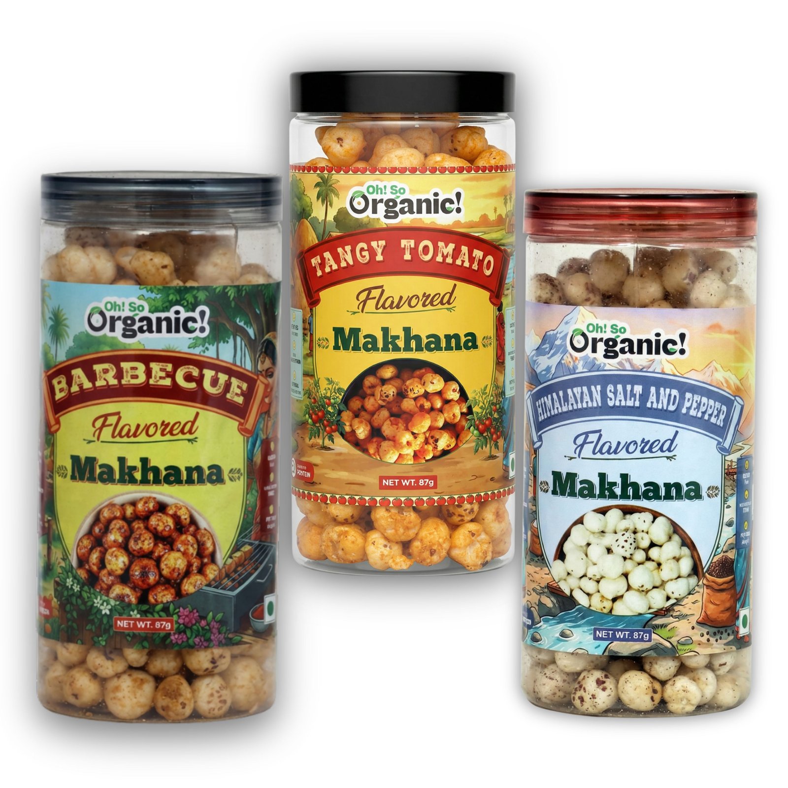 OhSo Organic Roasted Makhana Combo Pack – Barbecue, Tangy Tomato & Himalayan Salt & Pepper | Crunchy Fox Nuts Snack | Healthy & Flavorful | 87g Each (Pack of 3)