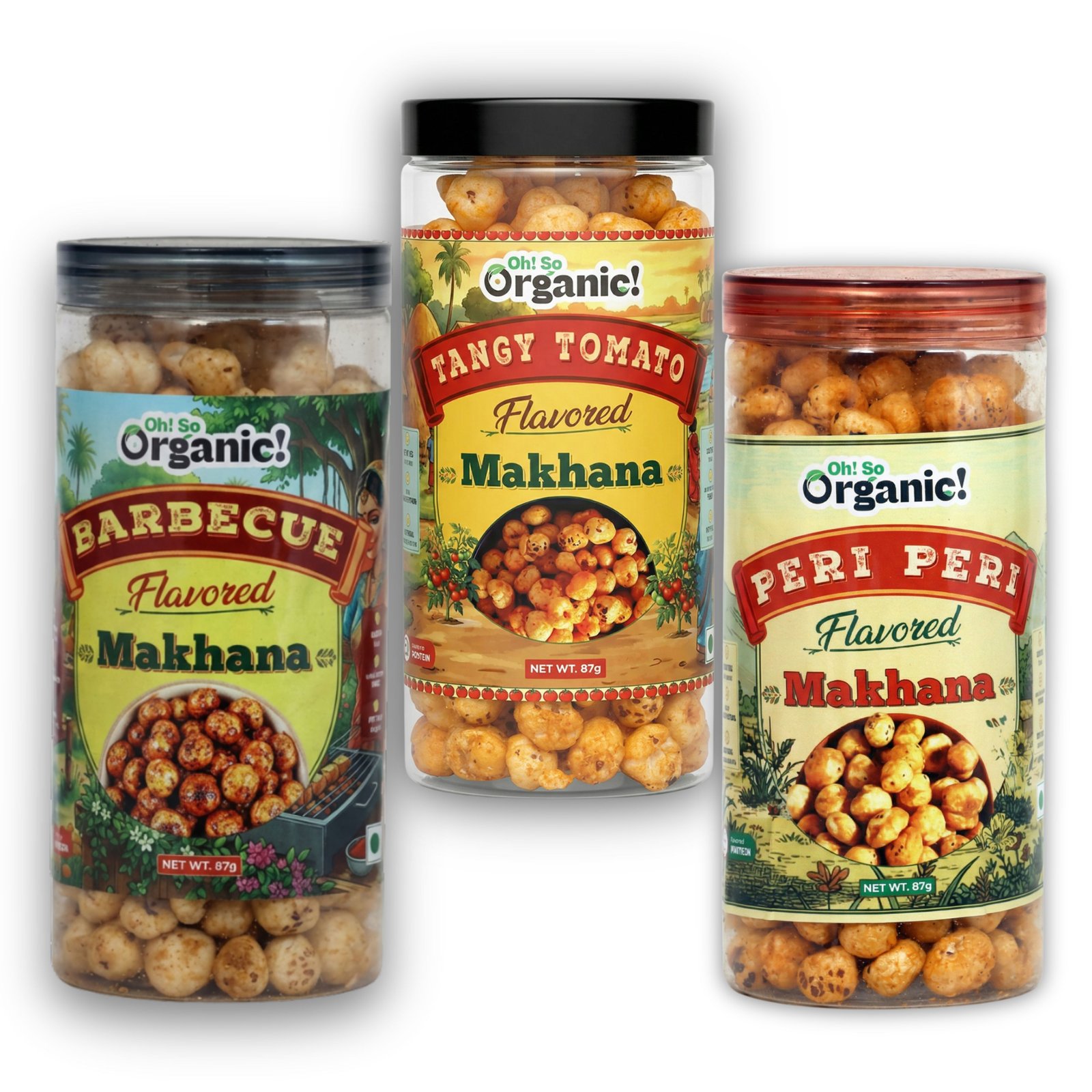 OhSo Organic Roasted Makhana Combo Pack – Barbecue, Tangy Tomato & Peri Peri Masala | Crunchy Fox Nuts Snack | Healthy & Flavorful | 87g Each (Pack of 3)