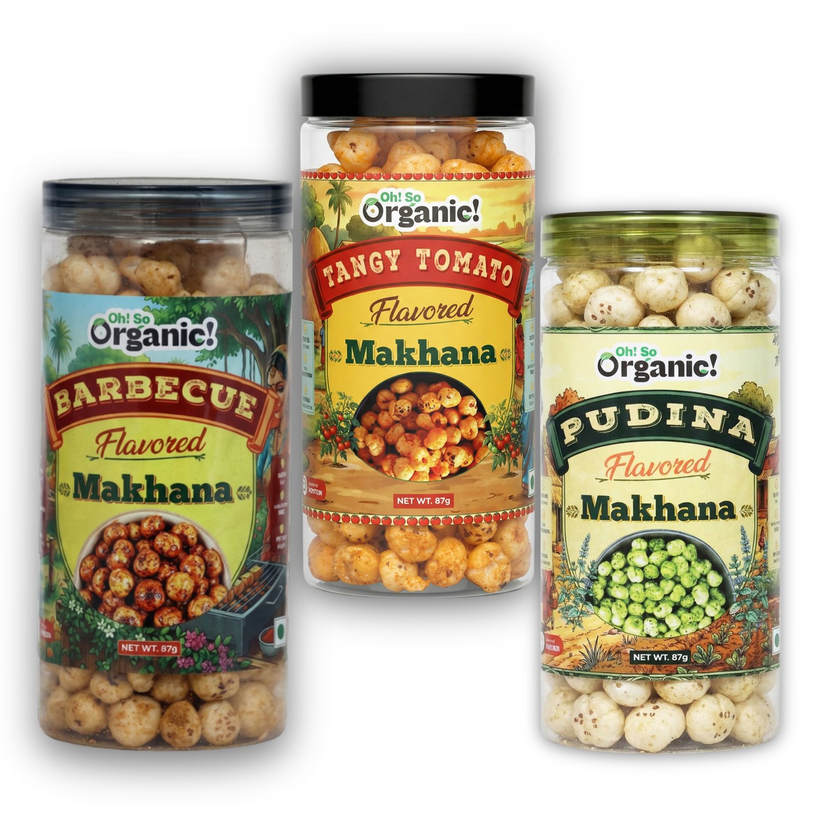 OhSo Organic Roasted Makhana Combo Pack – Barbecue, Tangy Tomato & Pudina | Crunchy Fox Nuts Snack | Healthy & Flavorful | 87g Each (Pack of 3)